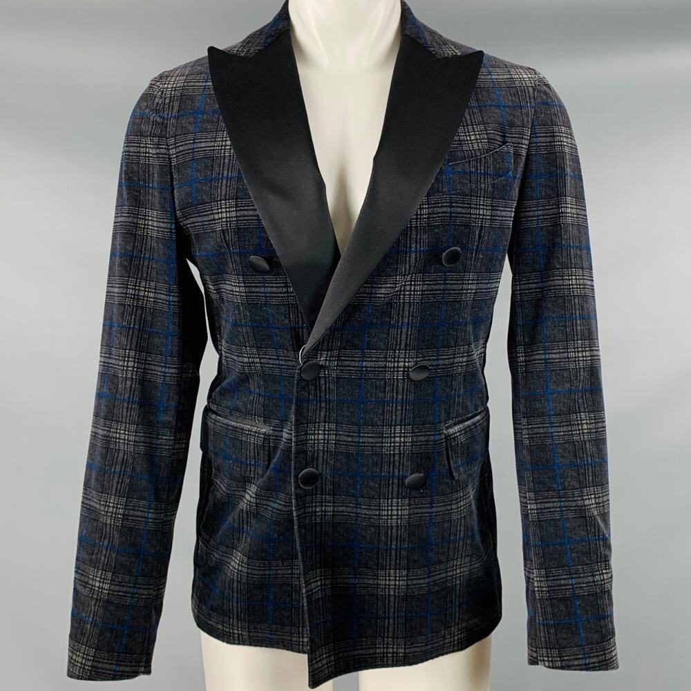 DSQUARED2 Size 40 Black Grey Plaid Cotton Blend Peak Lapel Sport Coat